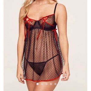 Adore Me Noemi Unlined Babydoll Black Red Polka Dot Mesh Lingerie 1X NWT